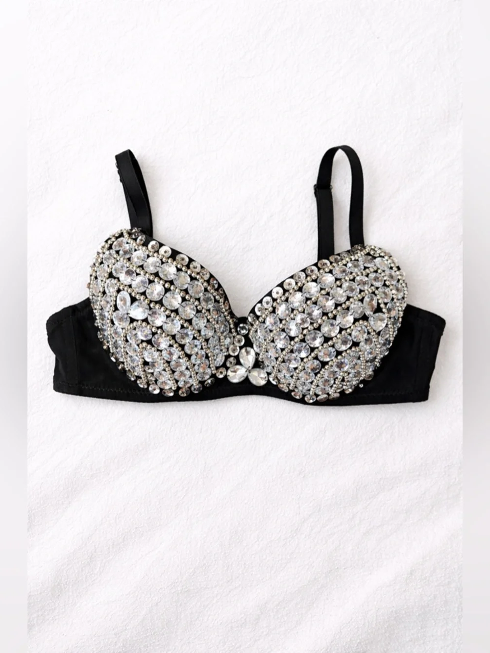 Rhinestone Crystal Bra Top Glam Black Festival Burlesque Stage 32–36 ABC - Picture 3 of 5